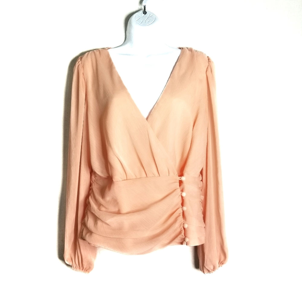 asos peach sheer long sleeve wrap blouse